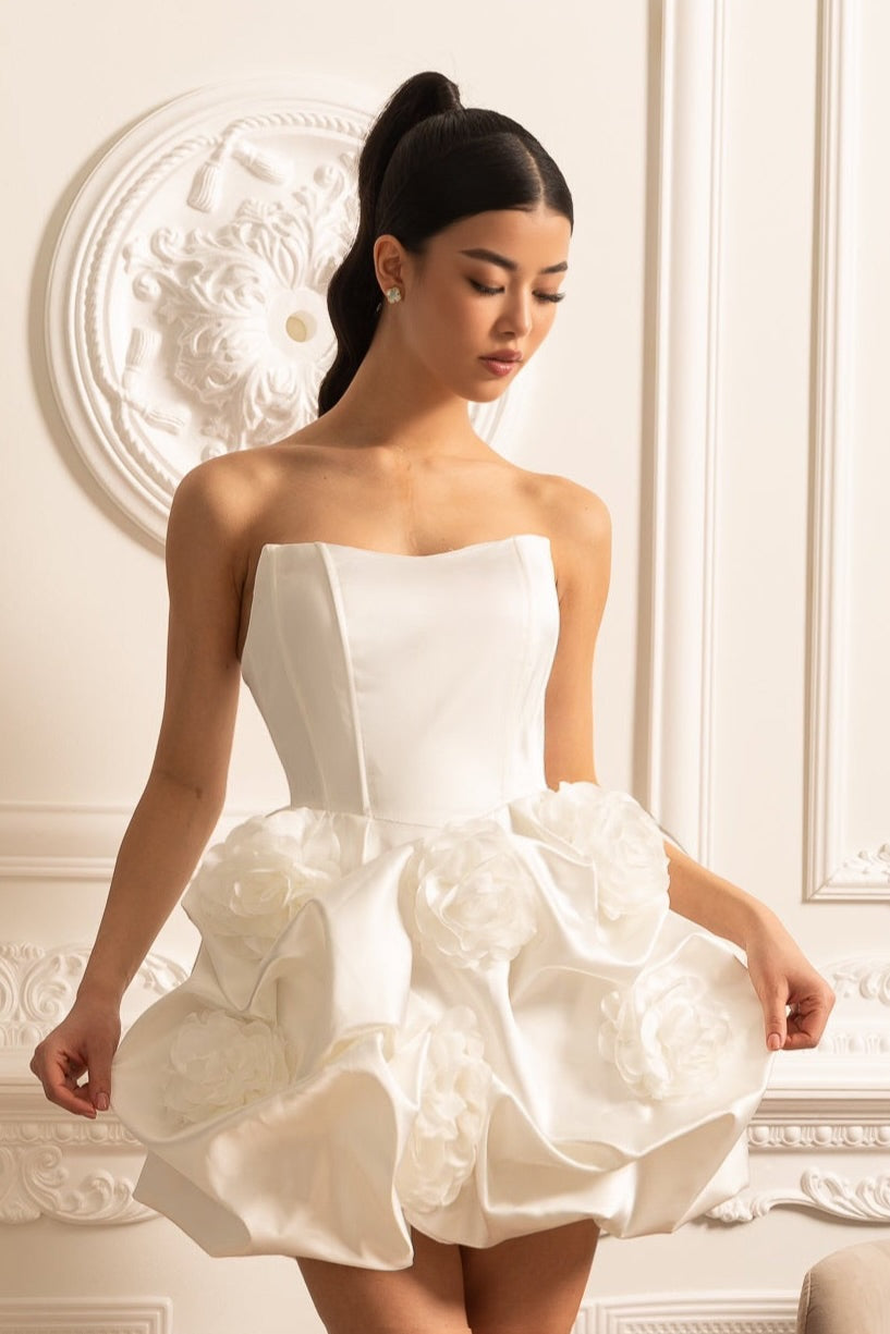 Satin Mini Dress With Gathered Fabric Floral Mini Skirt - White