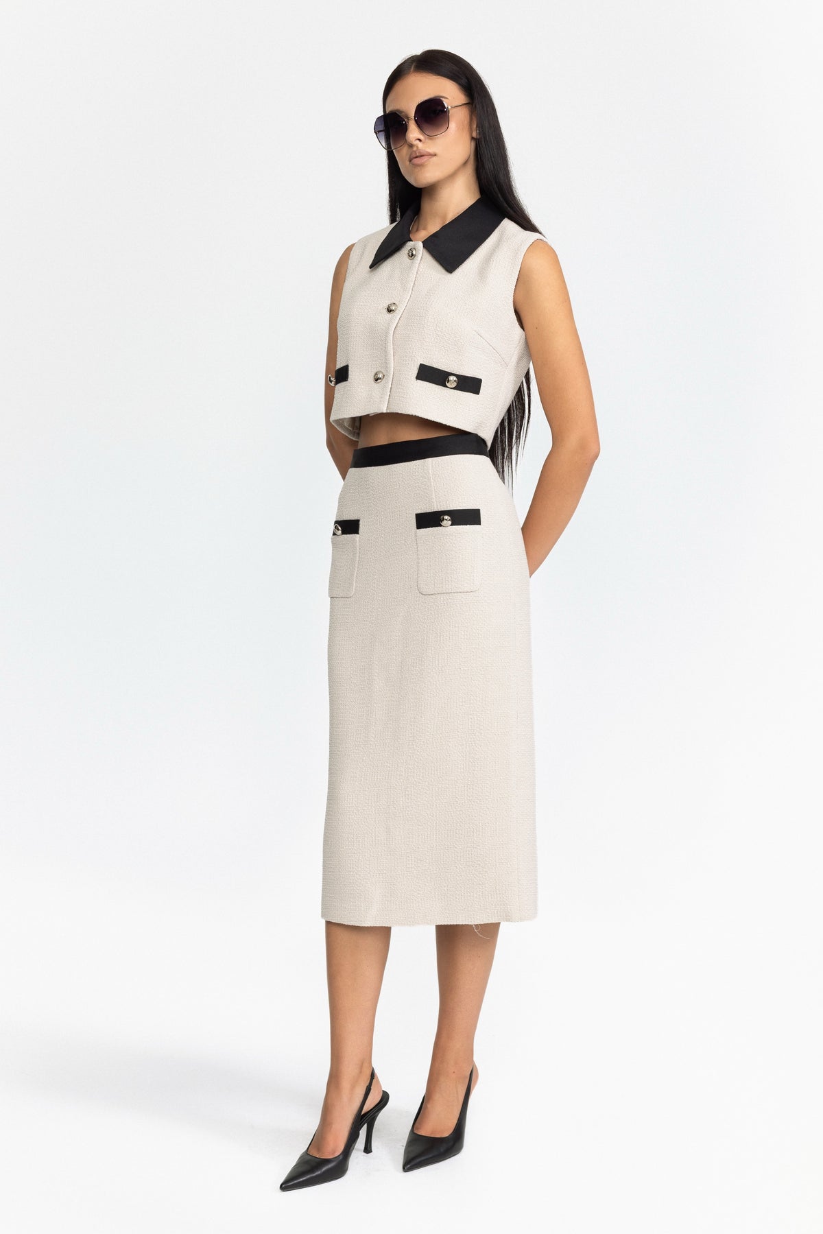 Tweed-Set mit Crop Top mit Kontrastkragen und Midirock - Off-White 