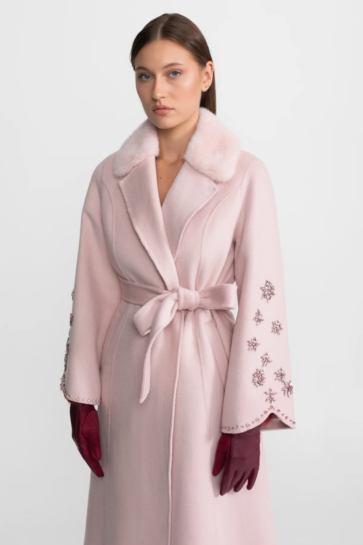 Embellished Wool Overcoat With Fox Fur Collar – Pink