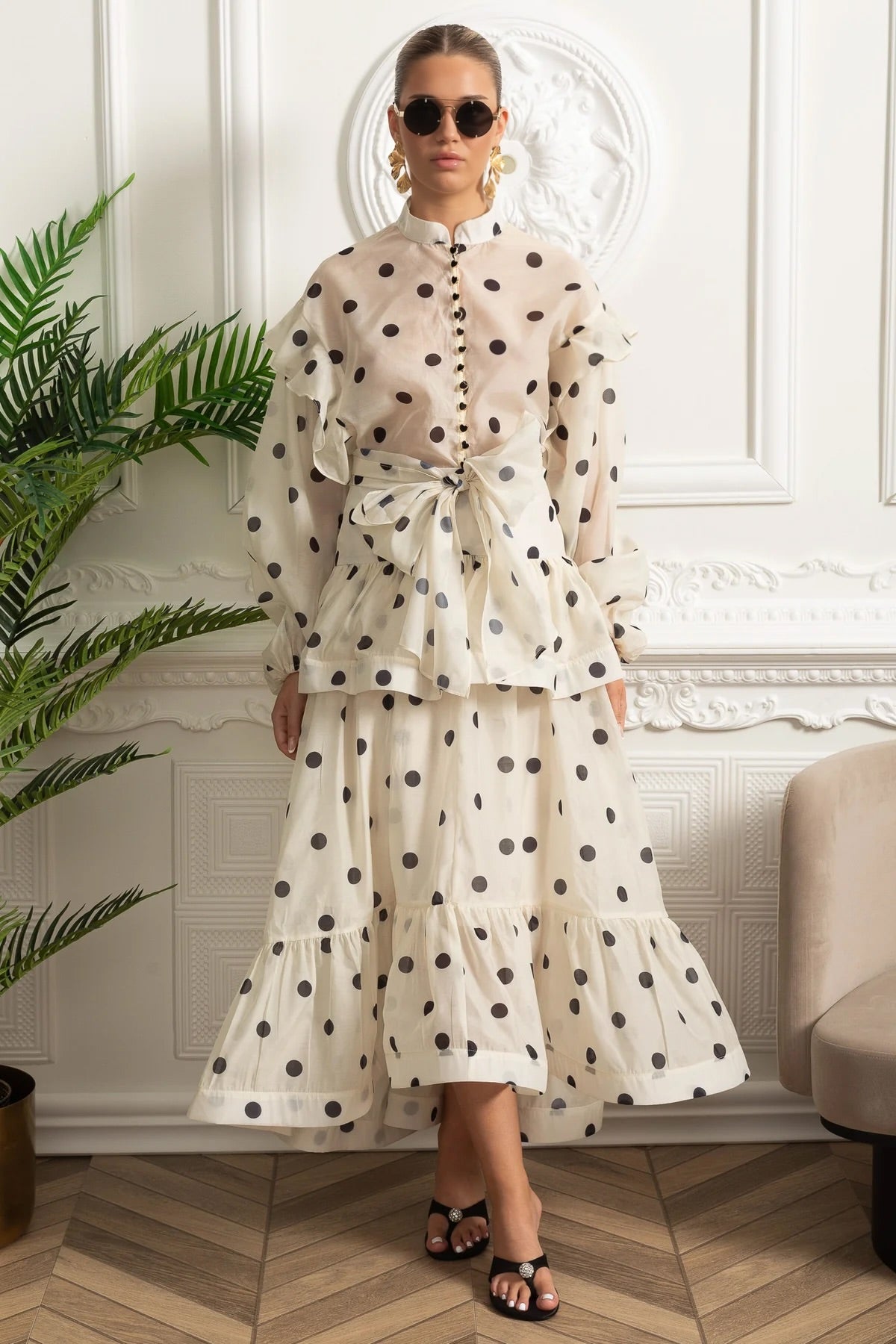 Polka Dot Co-Ord with Voluminous Sleeves and Statement Waist Bow - Ivoire