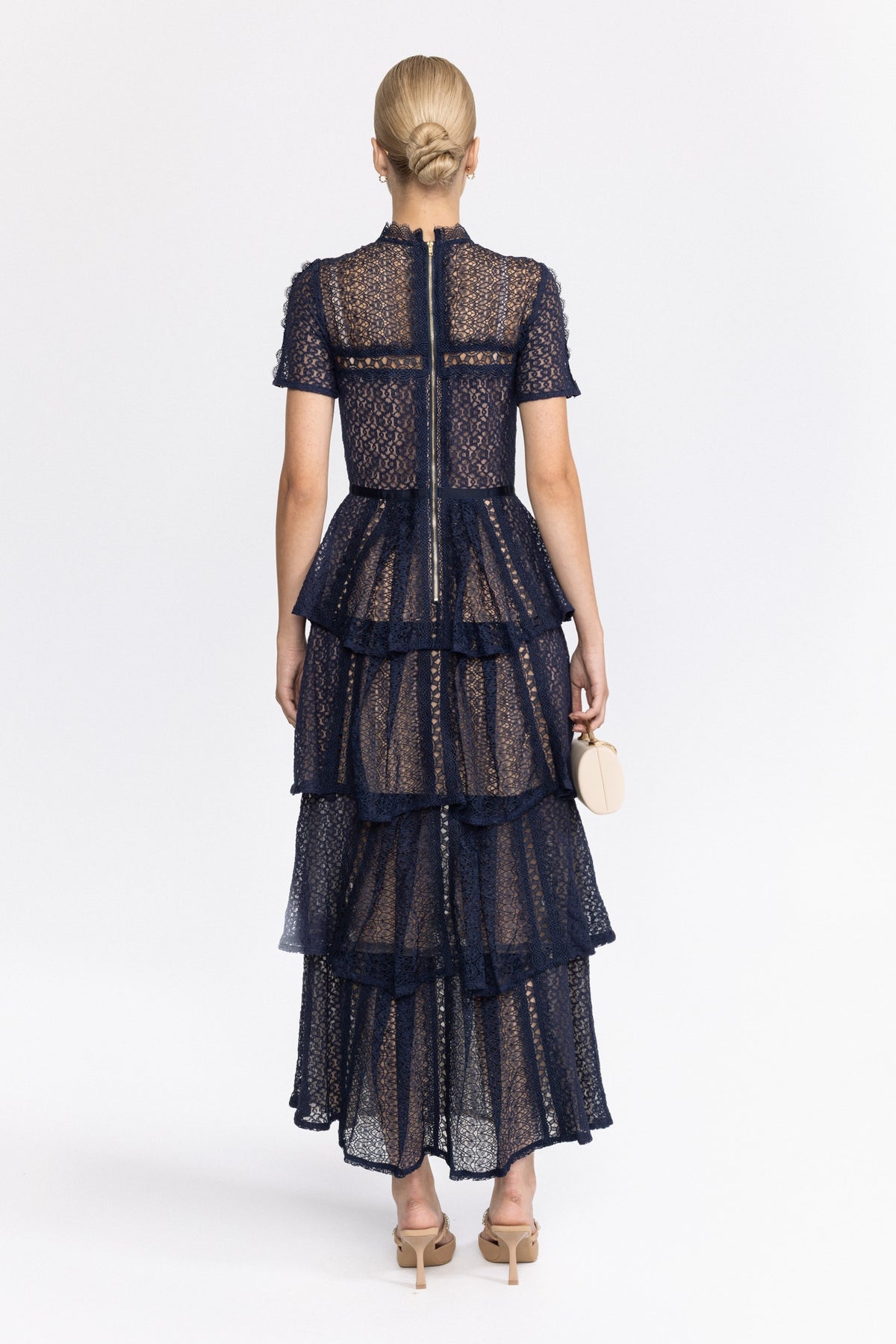 Panelled Lace Tiered Midi Dress - Navy