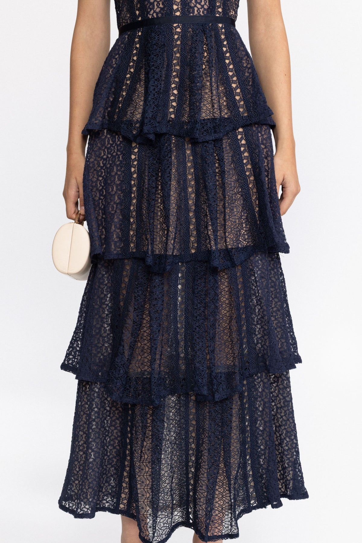 Panelled Lace Tiered Midi Dress - Navy
