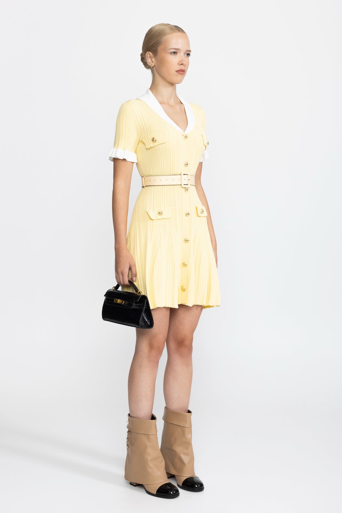 Ribbed Knit Contrast Collar Belted Mini Dress - Yellow