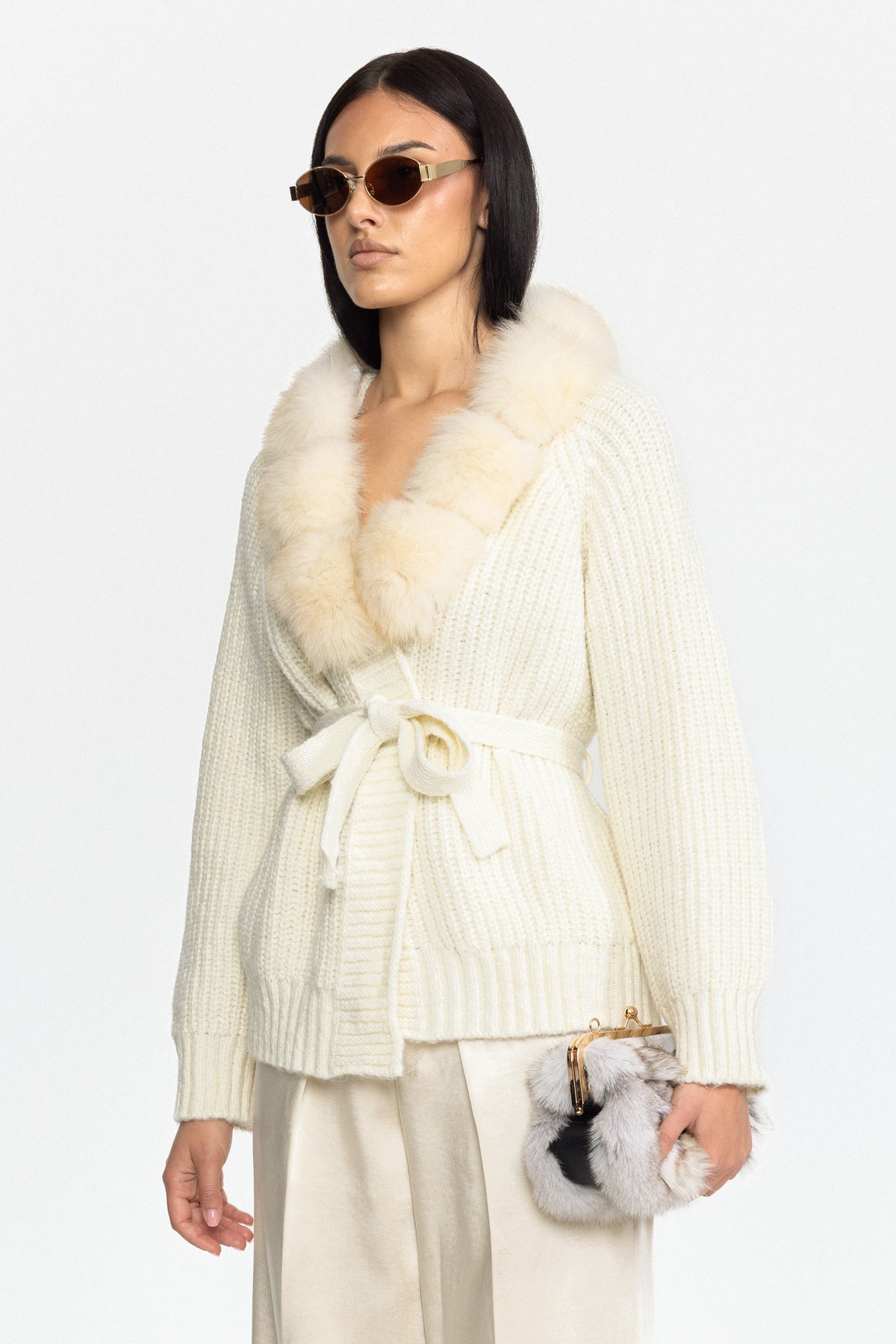Fox Fur Collar Chunky Knit Belted Cardigan - Off-White
