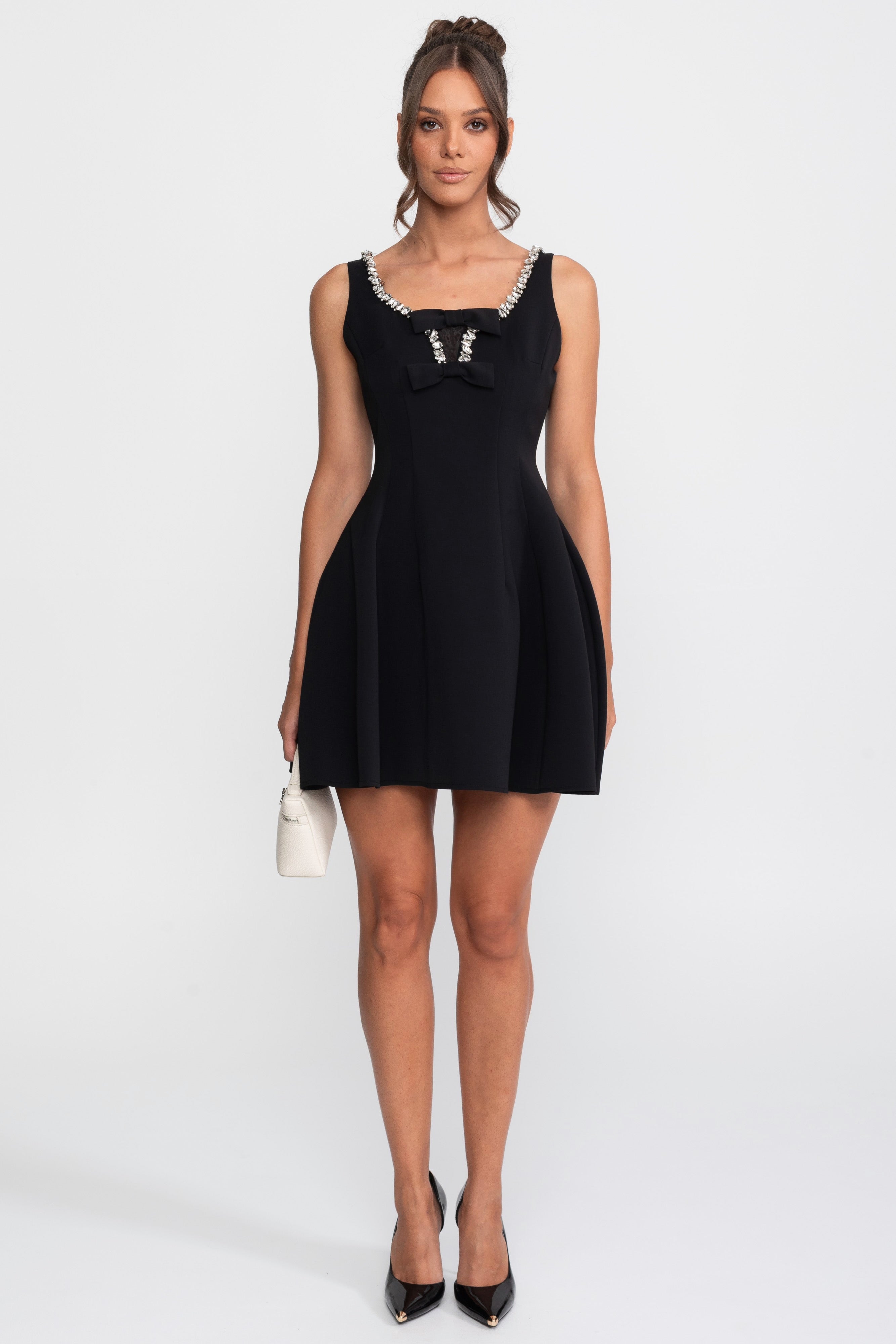 Fit-and-Flare-Minikleid mit Kristallbesatz und Brustschleifen - Schwarz 