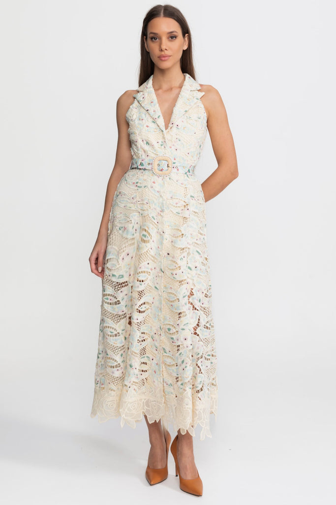 Spitzen-Midikleid mit Neckholder und Taillengürtel – Ivoire 