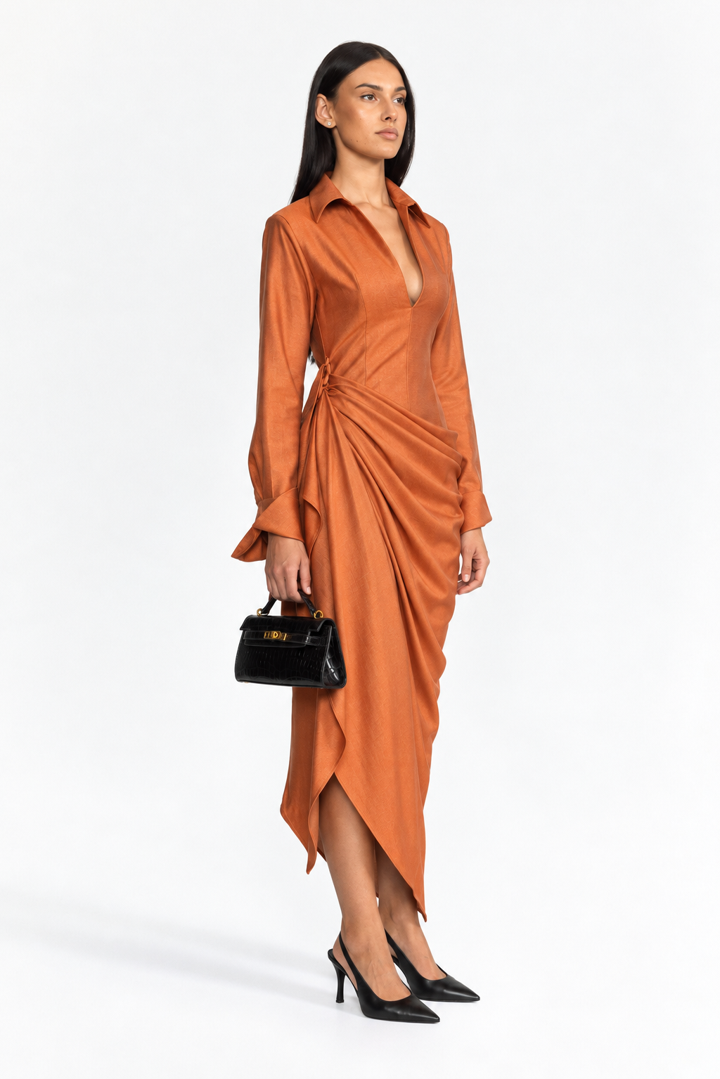 Maxikleid mit tiefem Ausschnitt, Drapierung und Wickeldesign - Burnt Orange 