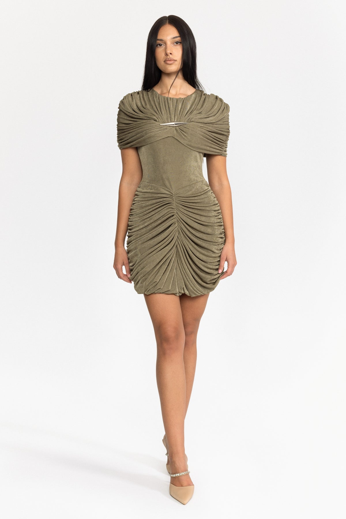 Drapiertes Mini-Cape-Kleid mit Raffungen - Oliv 