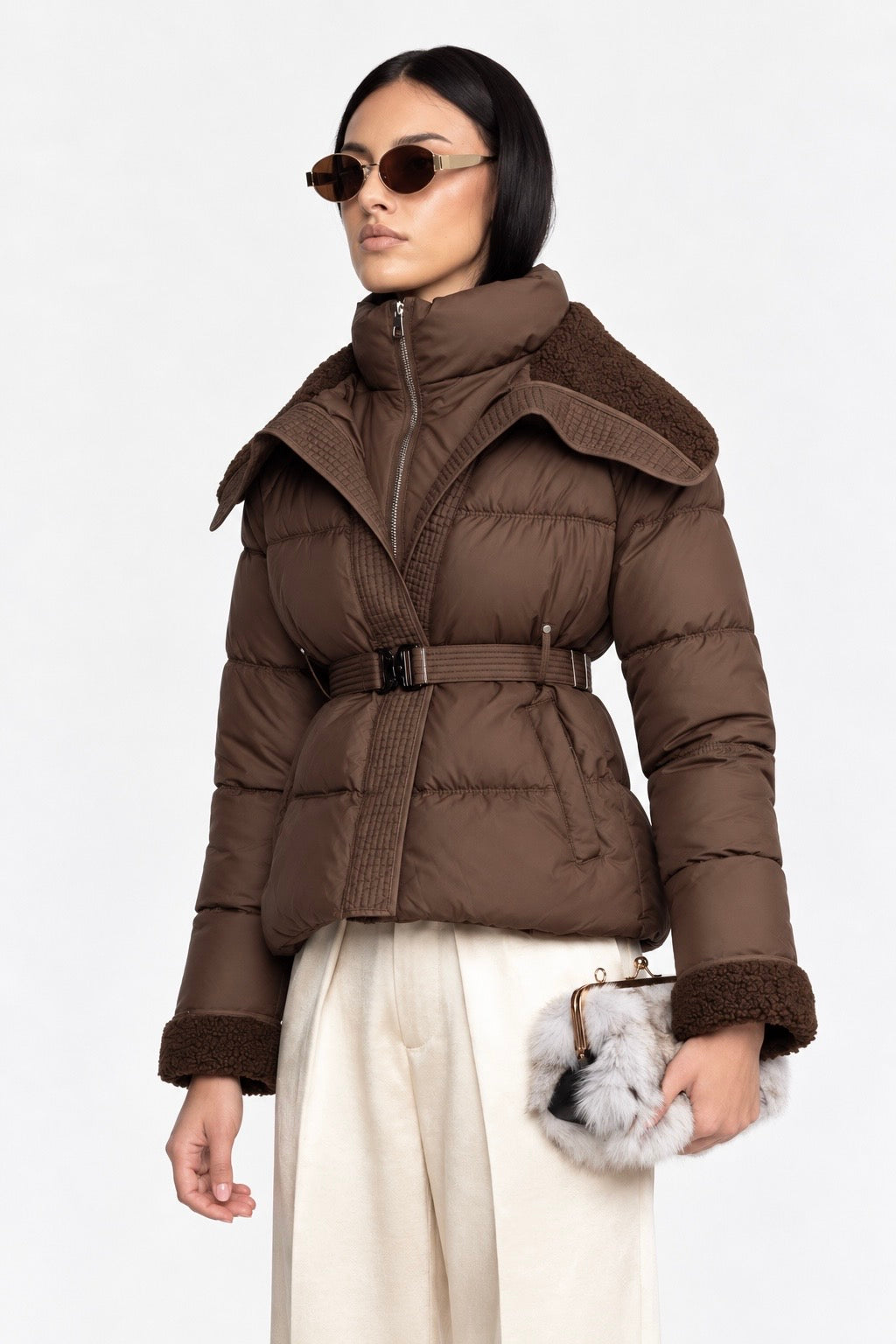 Belted Puffer Jacket with Teddy Collar - Coffee