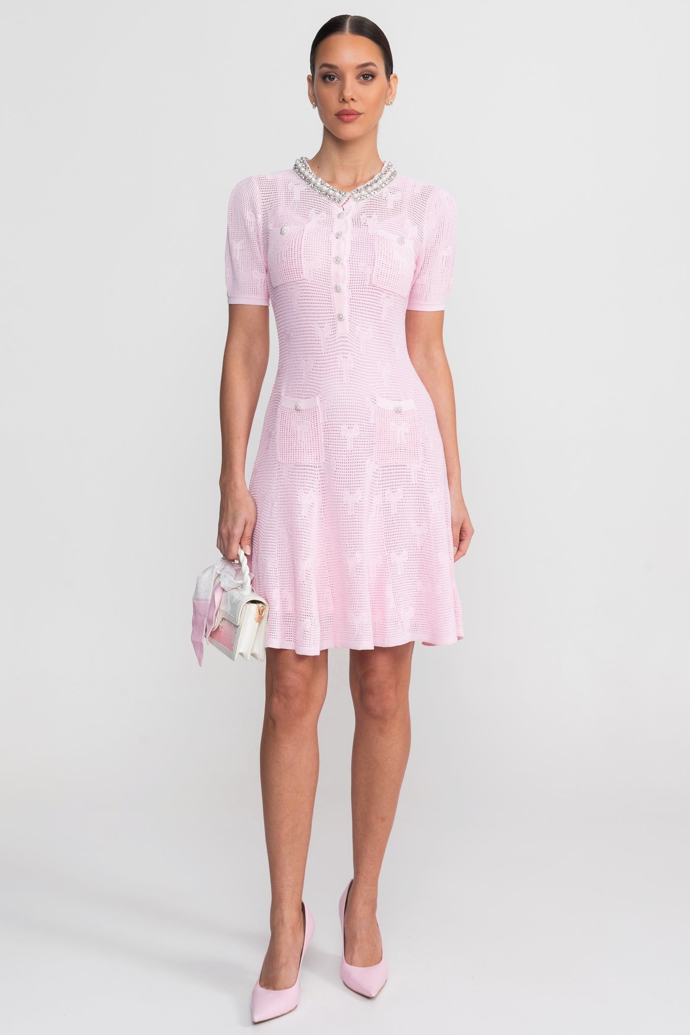 Textured Short Sleeve Mini Dress With Pearl Trim Neckline And Crystal Buttons - Pink