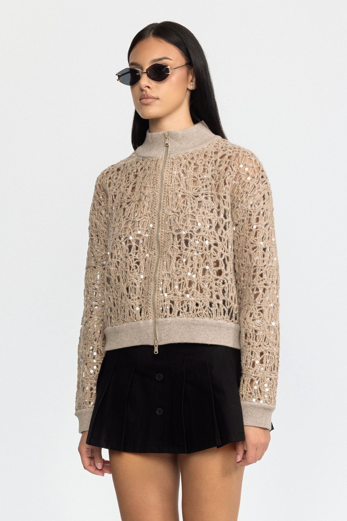 Sequin Open-Knit Zip Cardigan - Beige