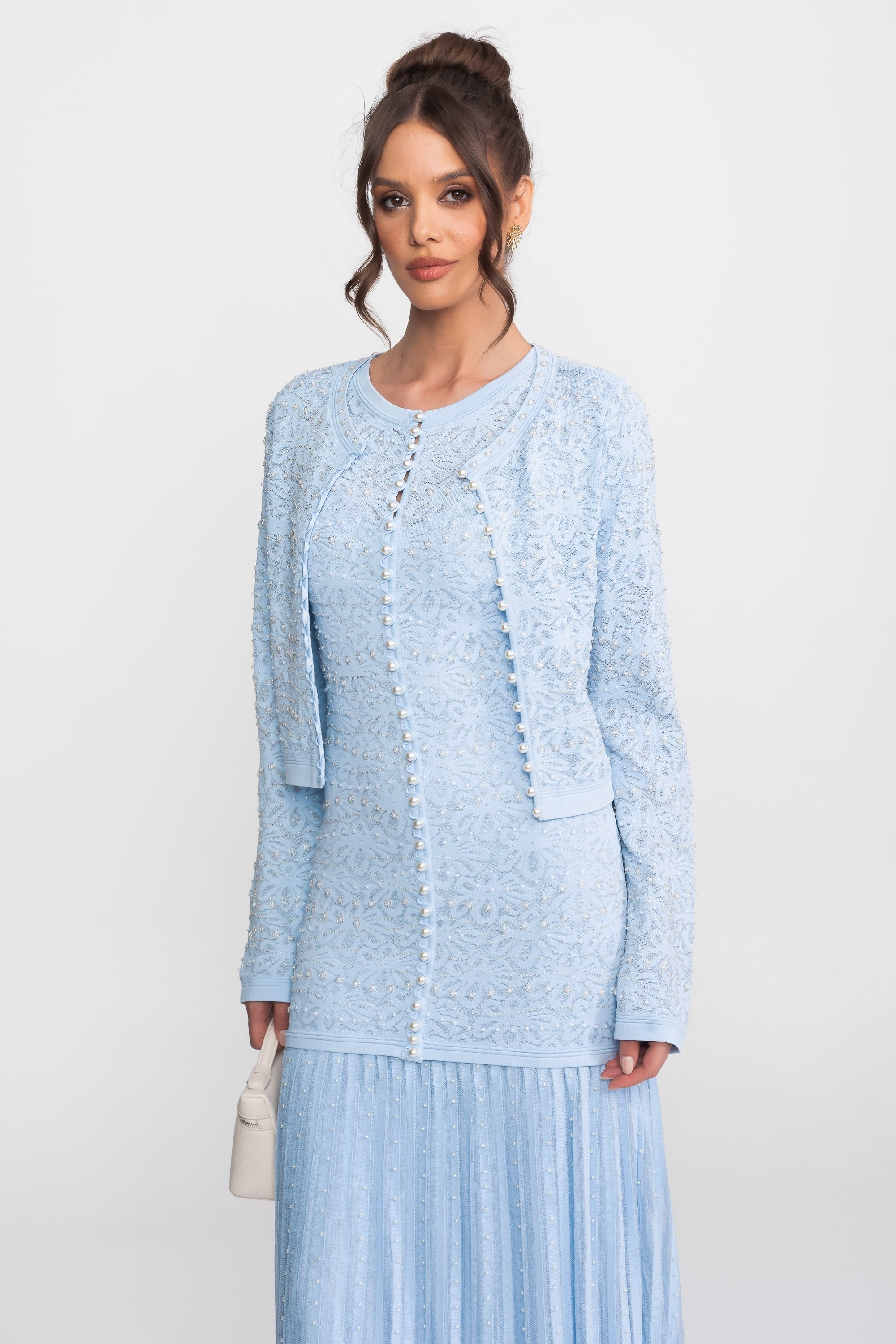 Embellished Long Sleeve Cardigan With Pearl Button Closure - Blue