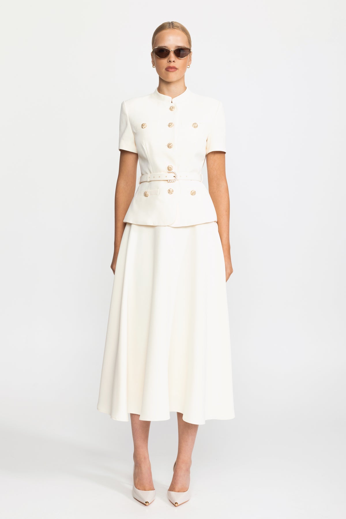 Belted Button Jacket and A-Line Midi Skirt Co-ord Set - Ivoire