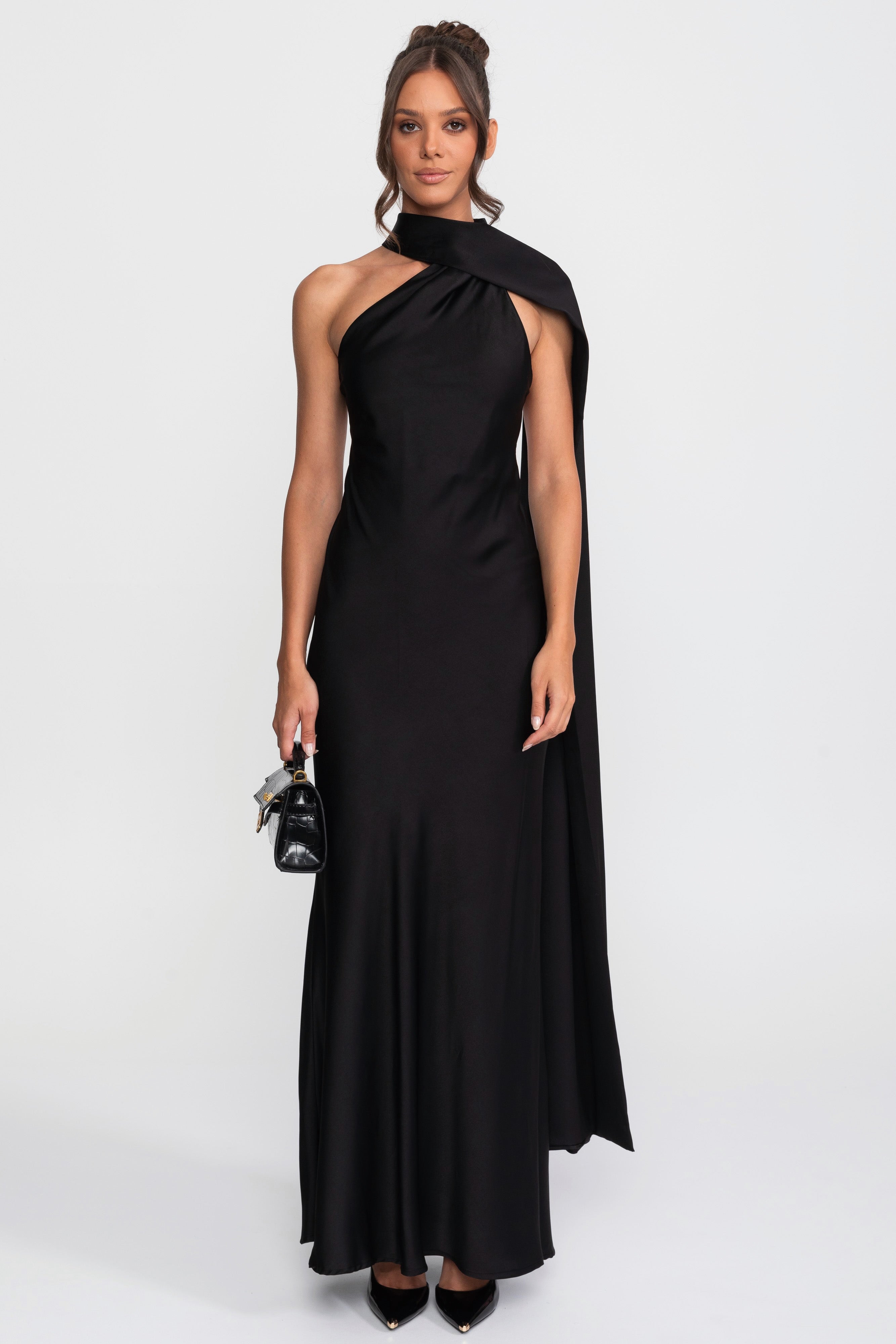 Twist-Halter-Satinkleid mit asymmetrischem Ausschnitt – Schwarz 