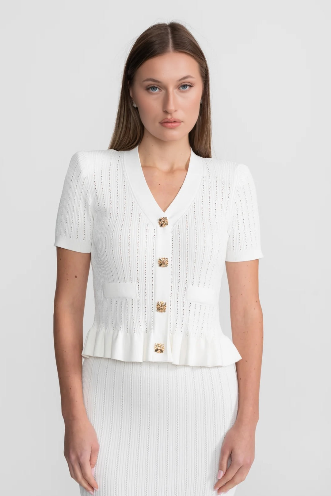 Knit Midi Co-Ord with Peplum Waist and Gold Buttons  – White