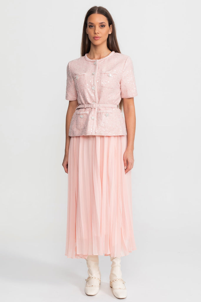 Verziertes Tweed-Midikleid mit plissiertem Chiffonrock – Blush Pink 