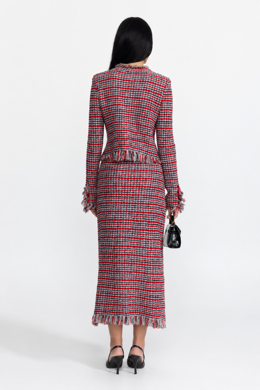 Tweedjacke mit Fransen und Midirock im Co-ord-Set - Rot Multi 