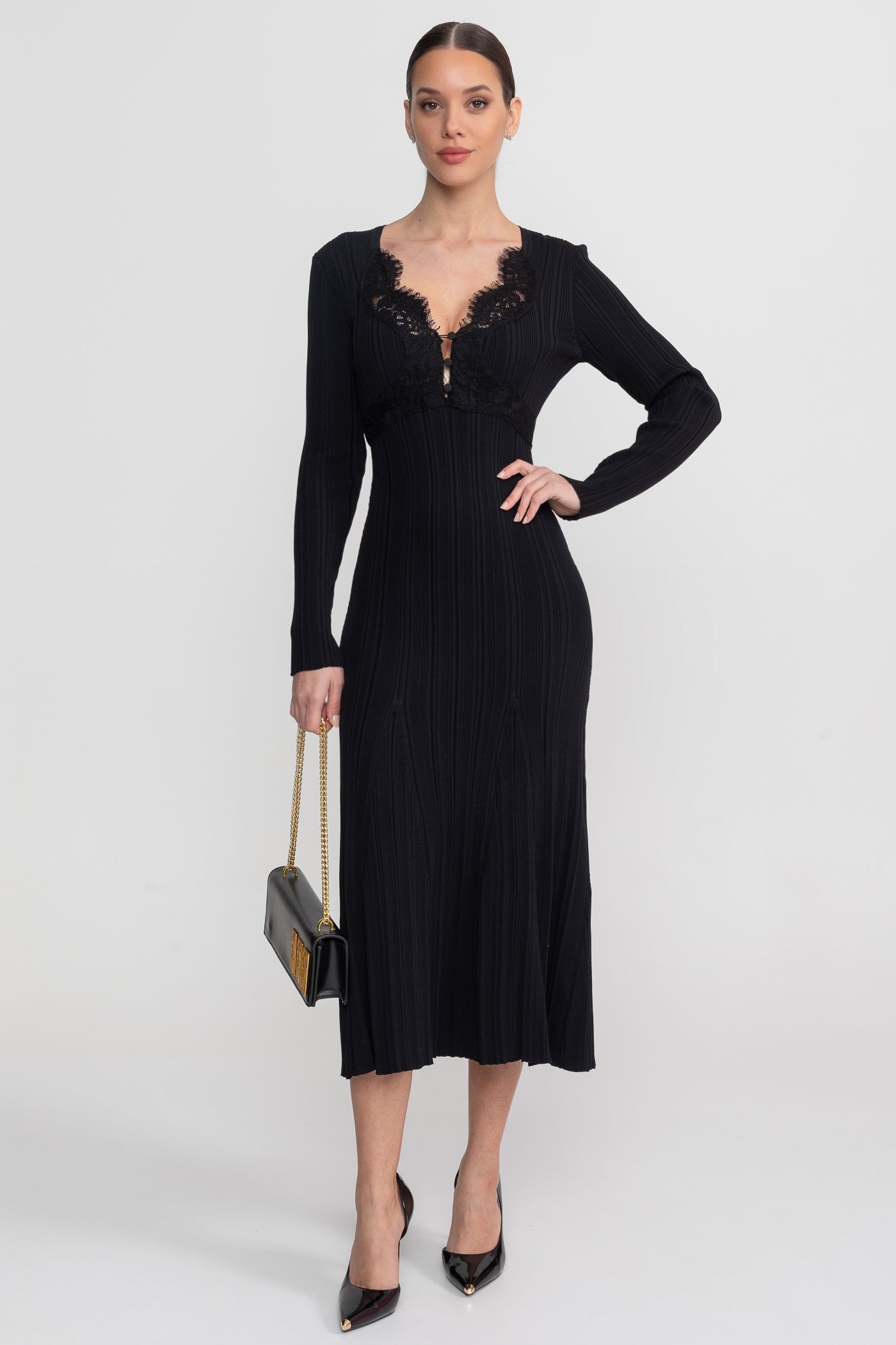 Ribbed Long Sleeve Midi Dress With Lace-Trim V-Neckline - Black