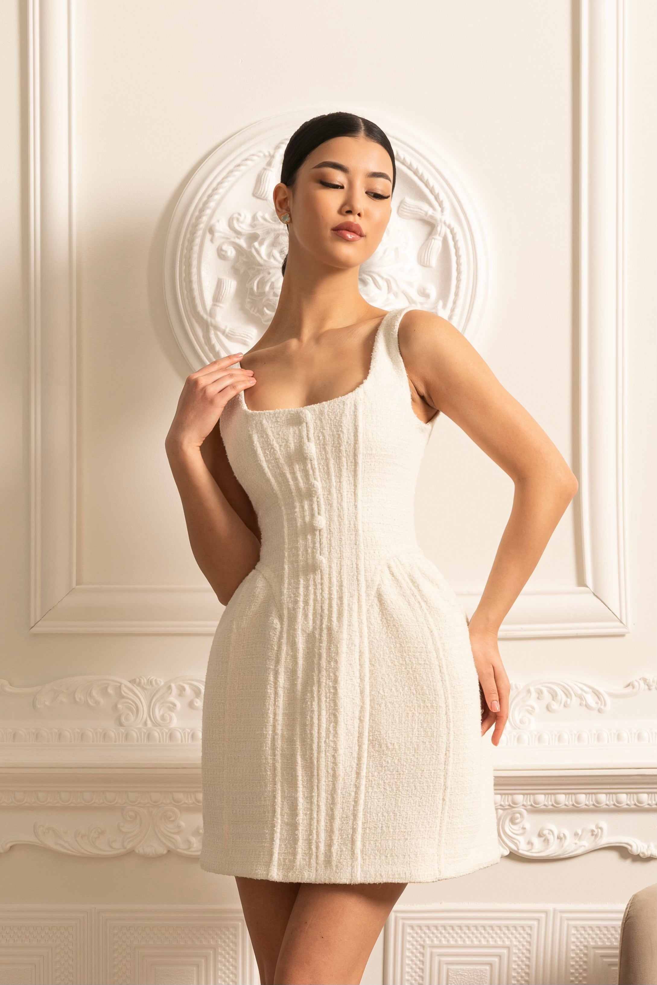 Textured Sleeveless Mini Dress With Fitted Bodice  - Ivoire