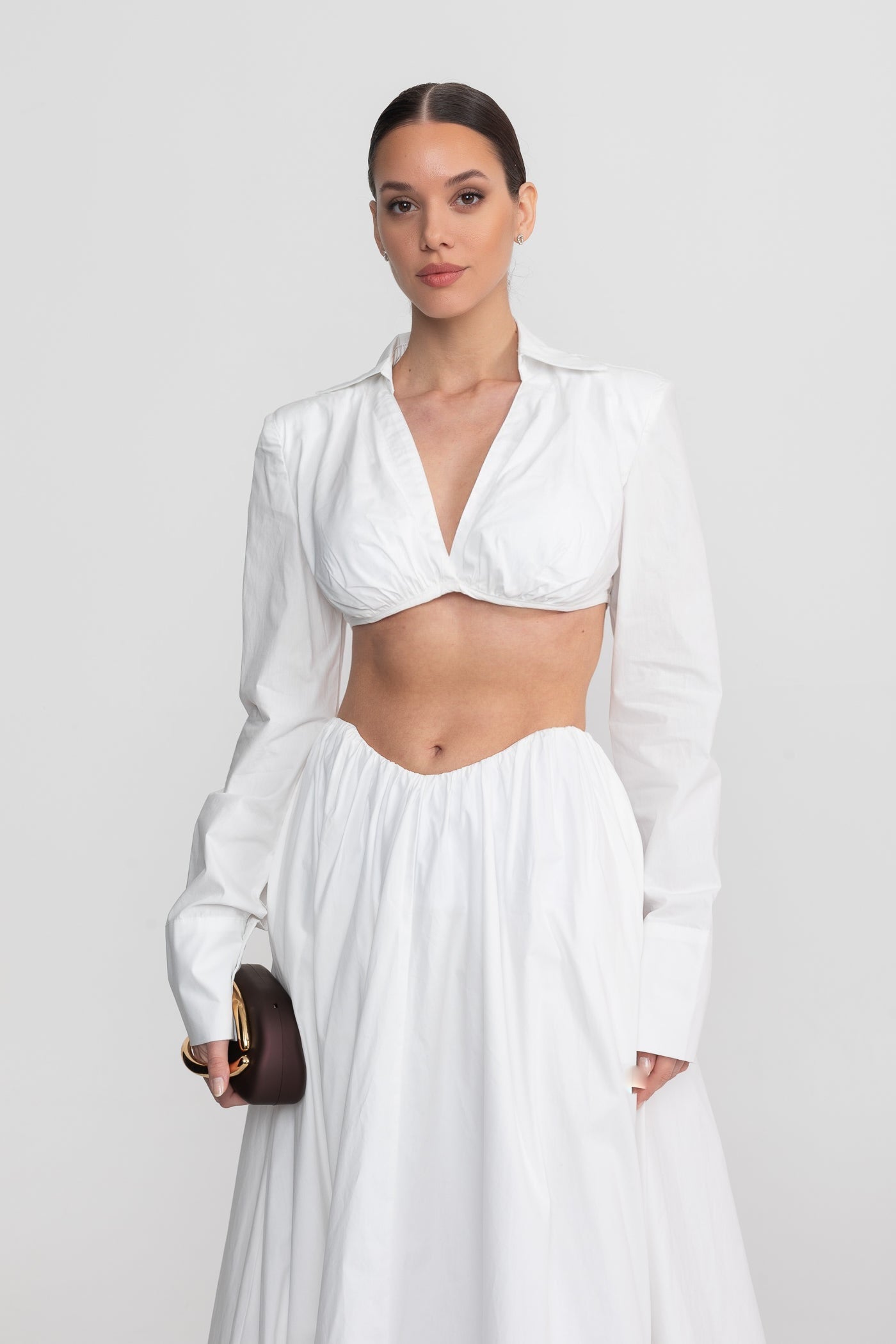 Langärmeliges Co-Ord-Set mit kurzem Unterbrust-Top – Weiß 