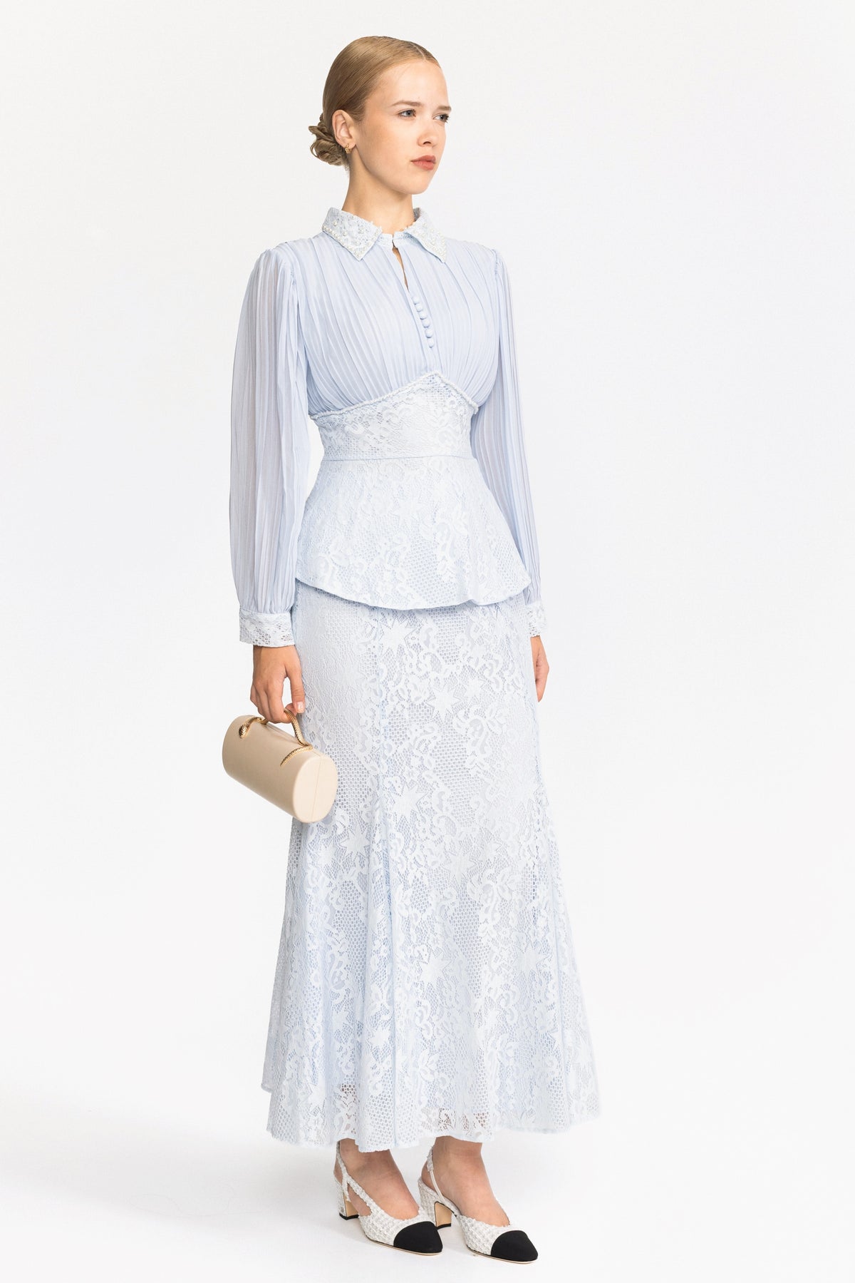 Pleated Chiffon Lace Peplum Blouse and Maxi Skirt Set - Light Blue