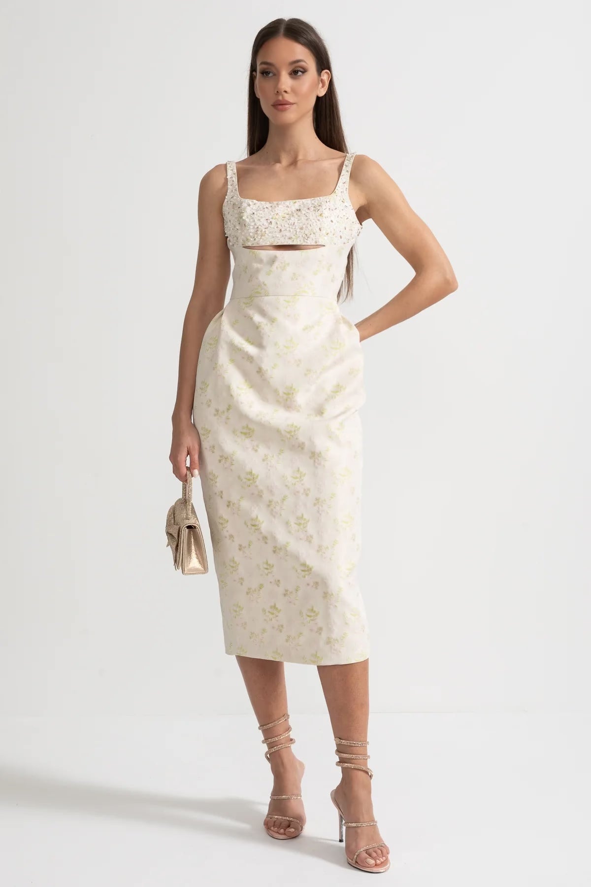 Sleeveless Midi Dress With Square Neckline, Subtle Floral Pattern And Front Cutout - Ivoire