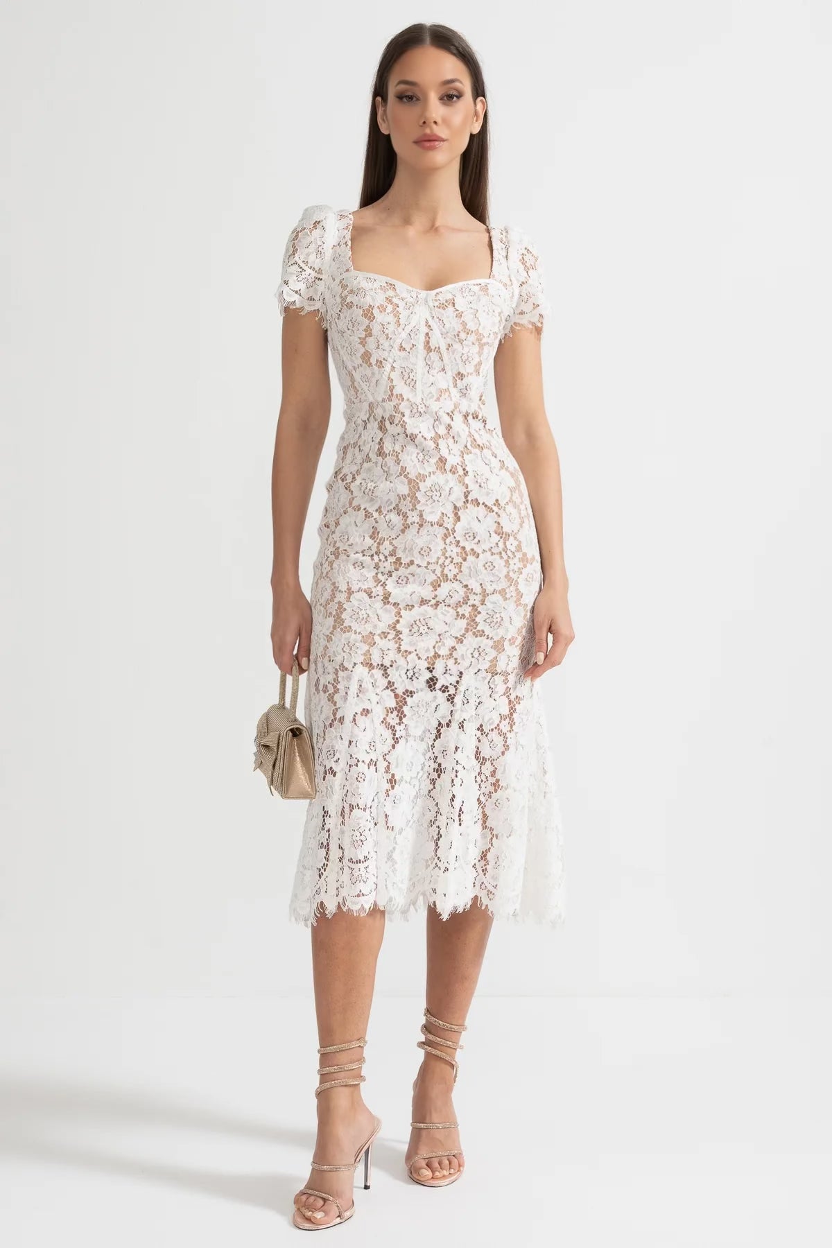 Short Sleeved Lace Dress With Delicate Matching Waist Belt - White