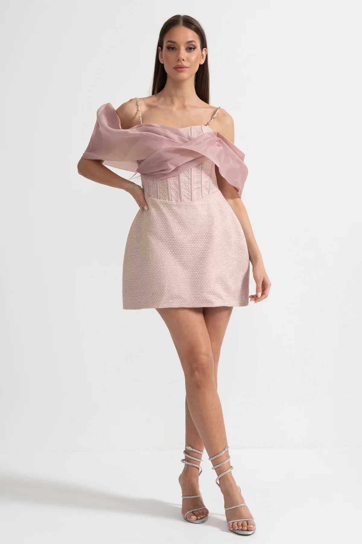 Mini Textured Dress With Fitted Bodice, Patterned Fabric And Sheer Draped Overlay - Pink