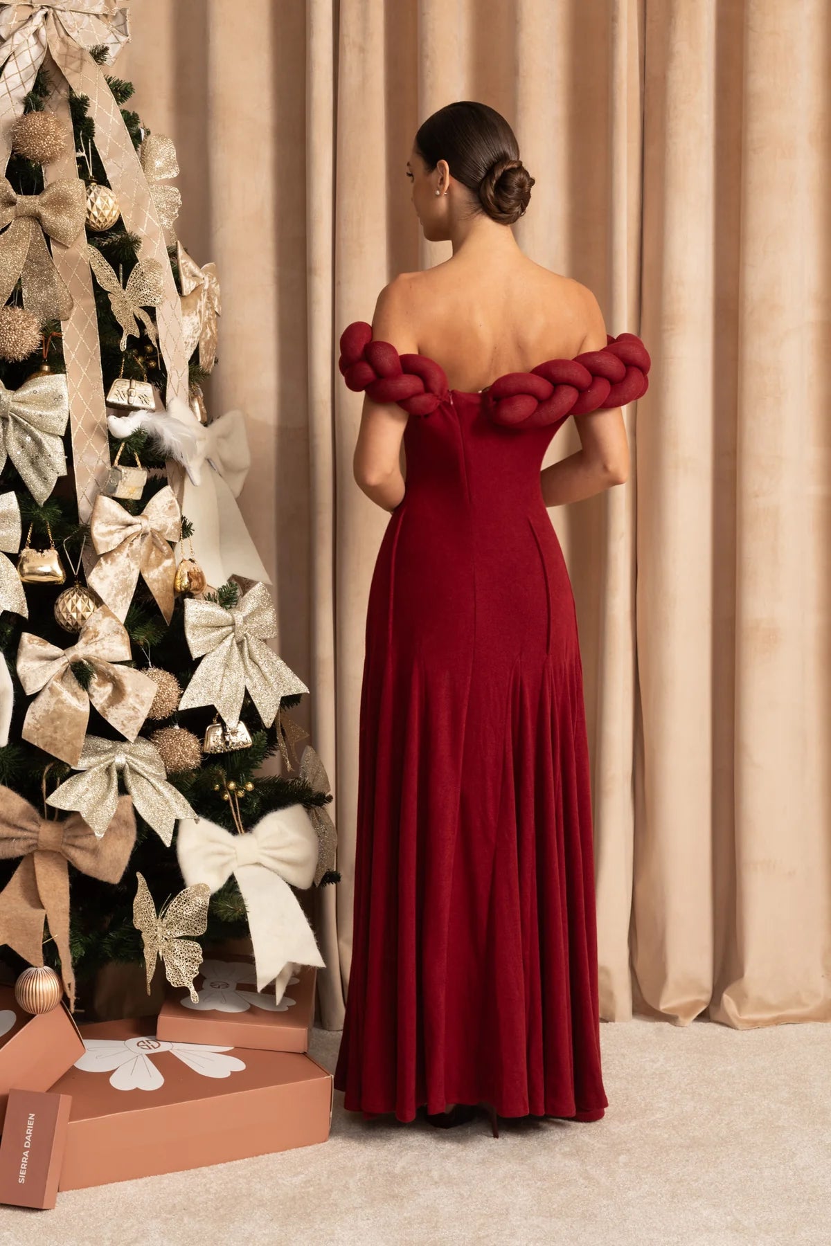 Off-Shoulder Braided Neckline Maxi Dress – Deep Red