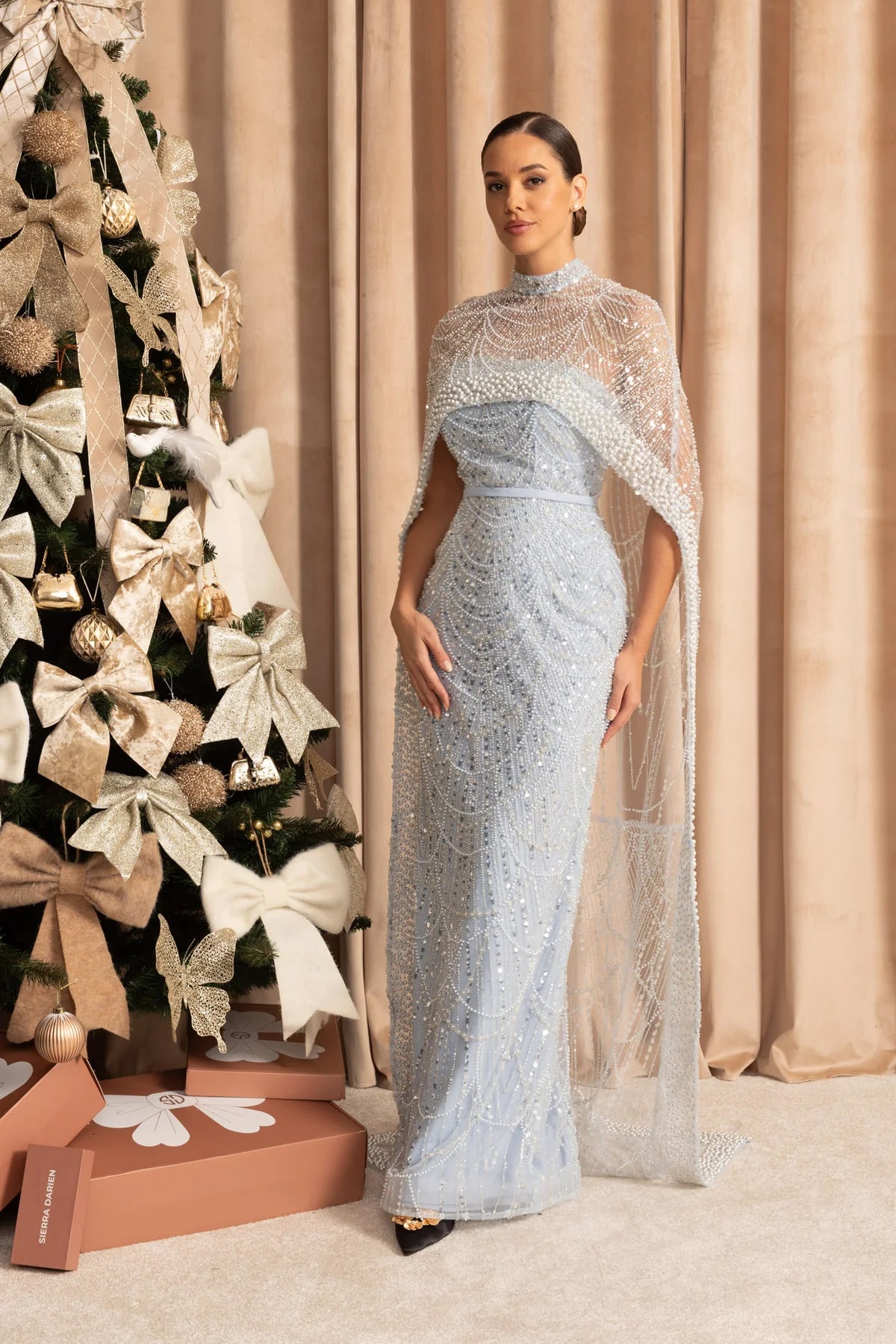 Glamorous Beaded Gown With Detachable Veil - Blue
