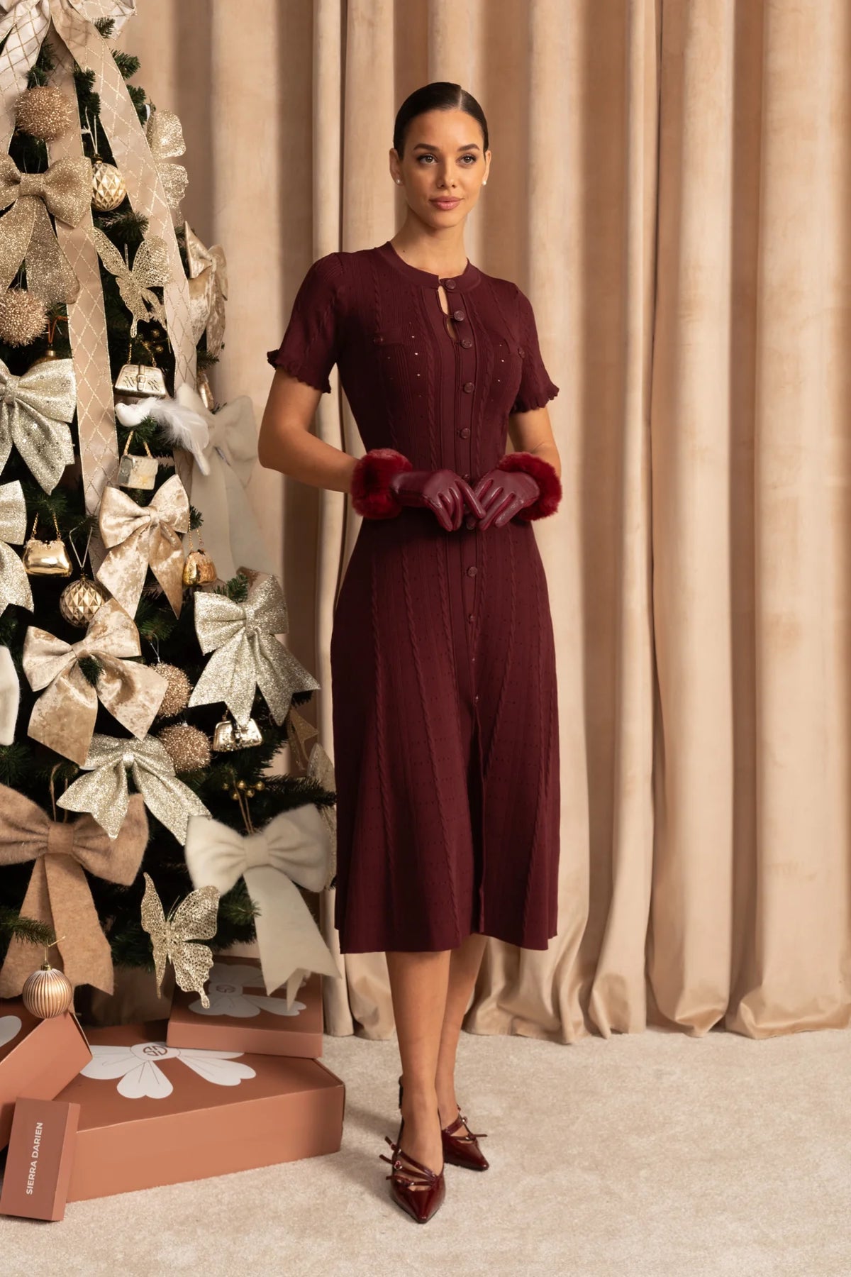 Knit Button-Front Midi Dress with Scalloped Sleeves – Burgundy