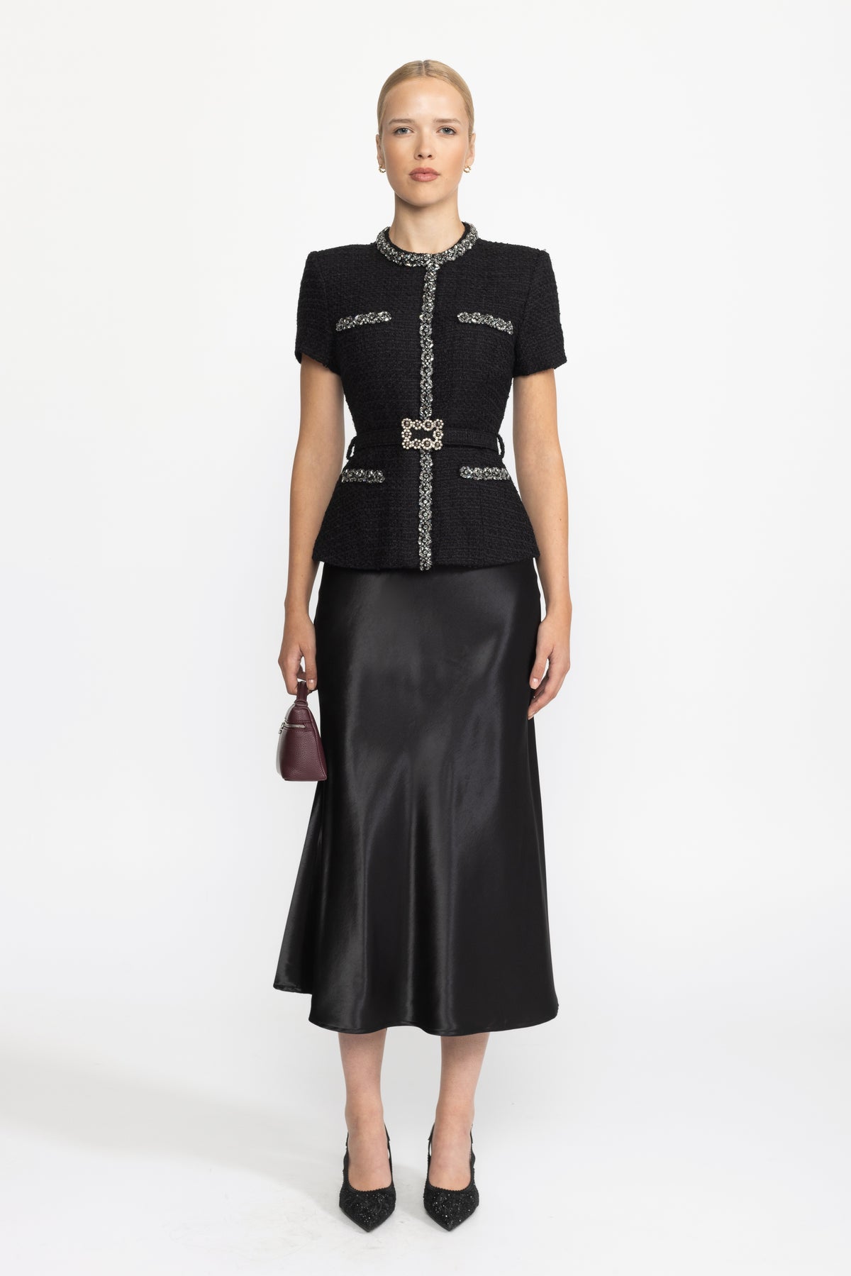 Tweed- und Satin-Midikleid mit Kristallbesatz und Schößchen - Schwarz 