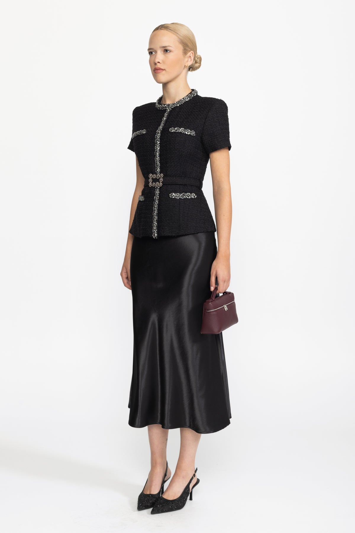 Tweed- und Satin-Midikleid mit Kristallbesatz und Schößchen - Schwarz 