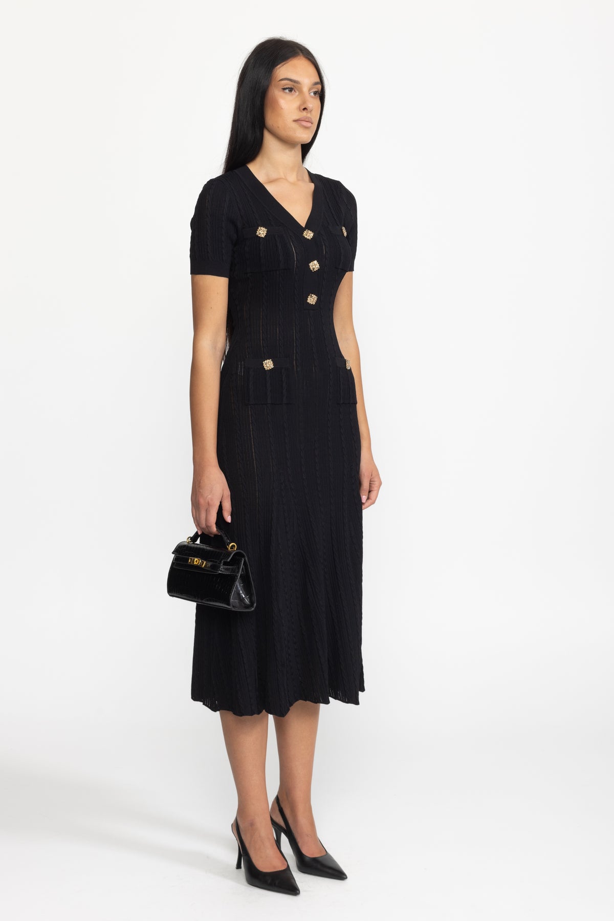 Cable Knit Jewel-Button Midi Dress - Black