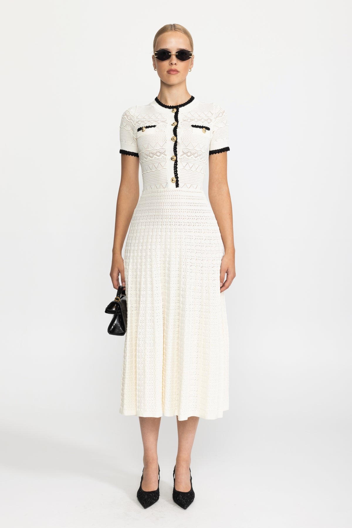 Pointelle Knit Belted Midi Dress - Ivoire