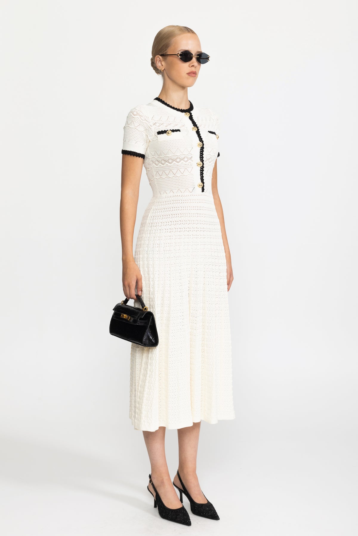 Pointelle Knit Belted Midi Dress - Ivoire