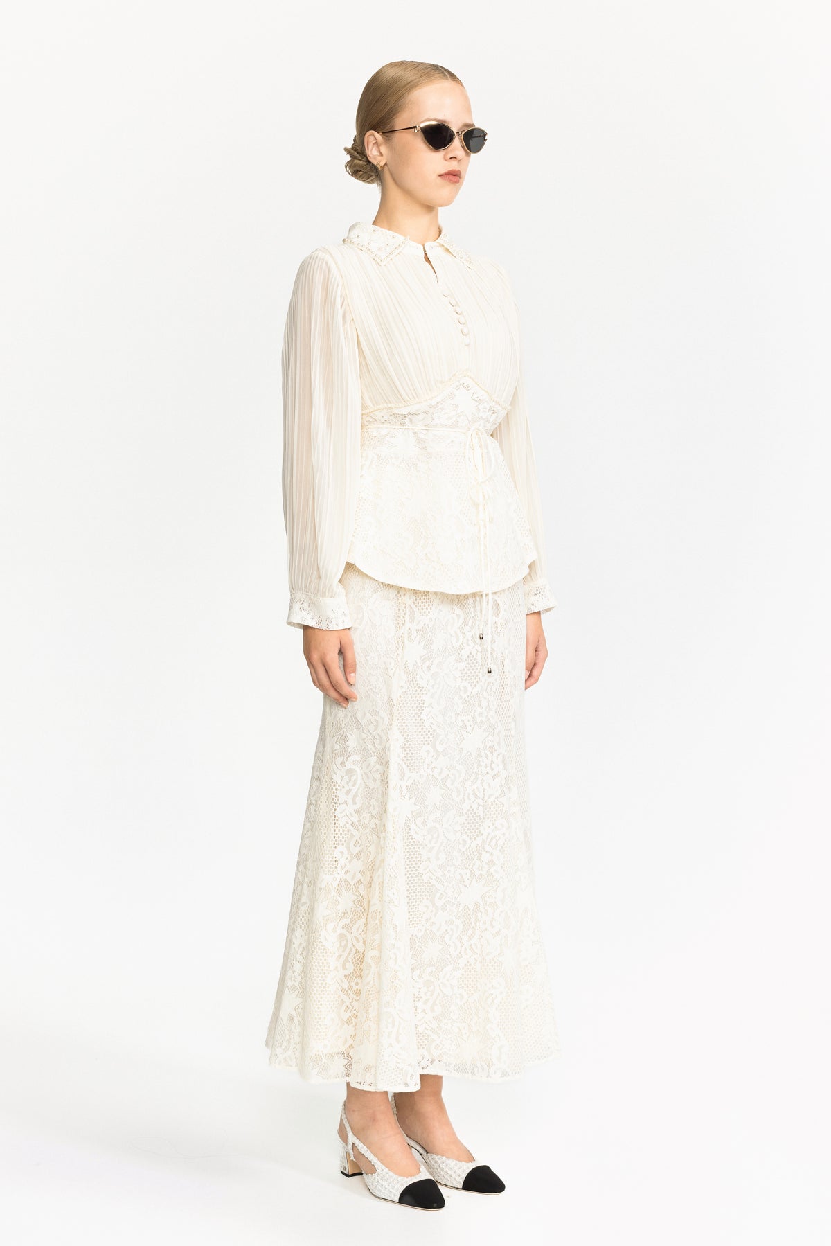 Pleated Chiffon Lace Peplum Blouse and Maxi Skirt Set - Ivoire