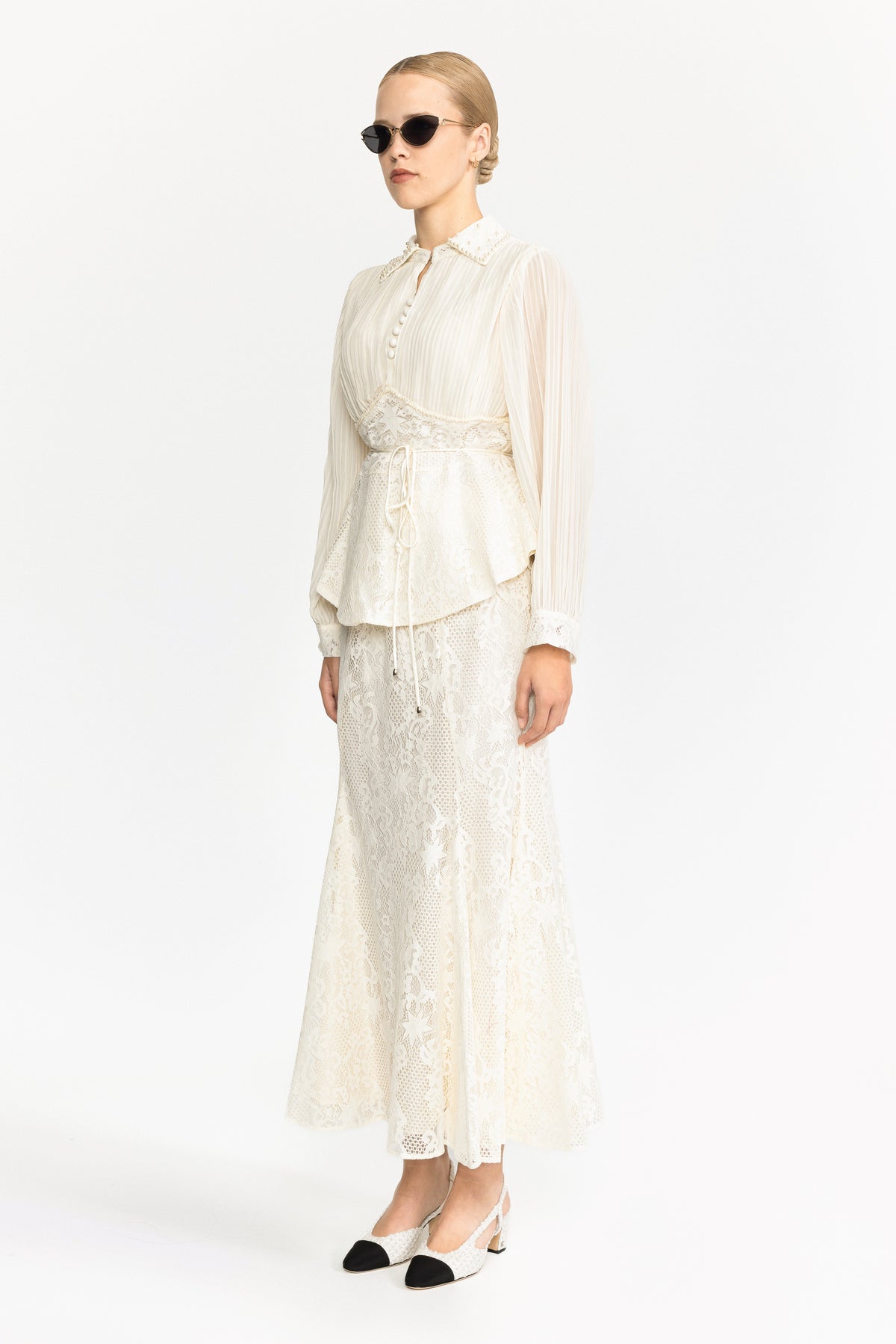 Pleated Chiffon Lace Peplum Blouse and Maxi Skirt Set - Ivoire
