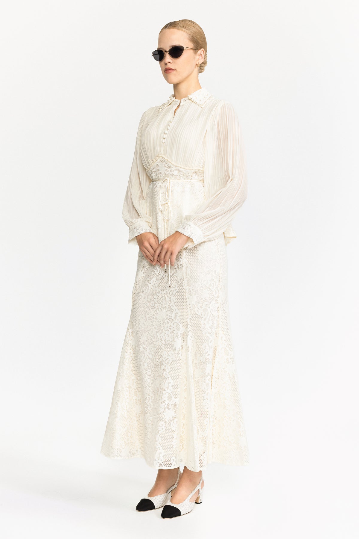 Pleated Chiffon Lace Peplum Blouse and Maxi Skirt Set - Ivoire