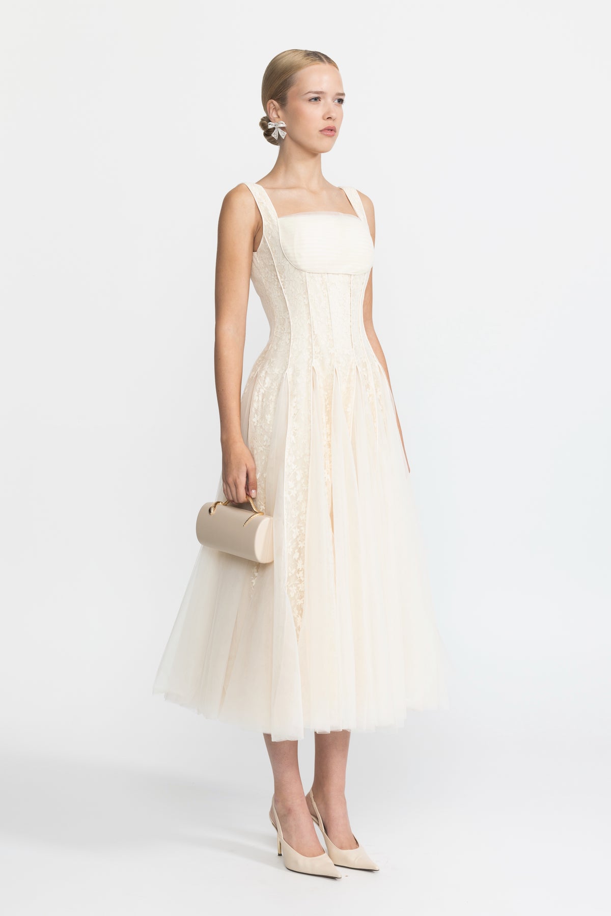 Lace Panel Corset Tulle Midi Dress - Ivoire