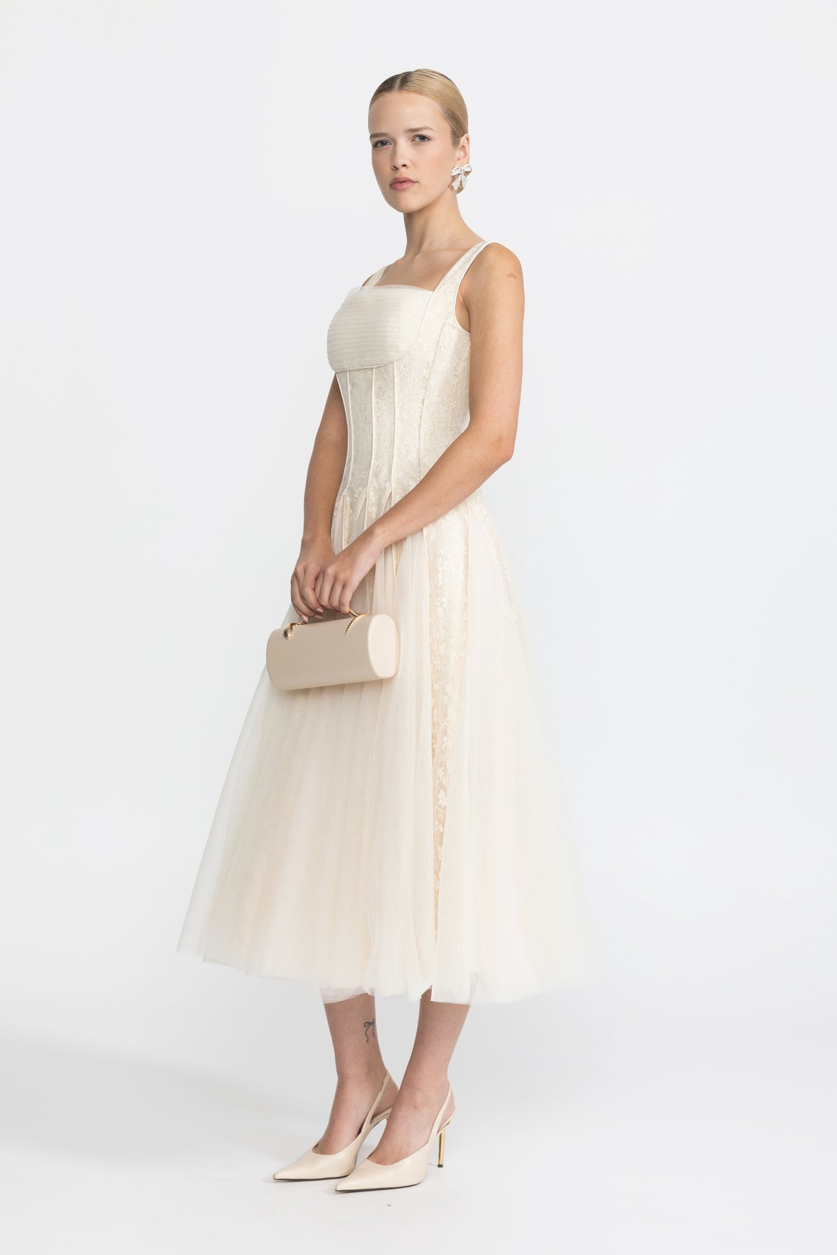 Lace Panel Corset Tulle Midi Dress - Ivoire