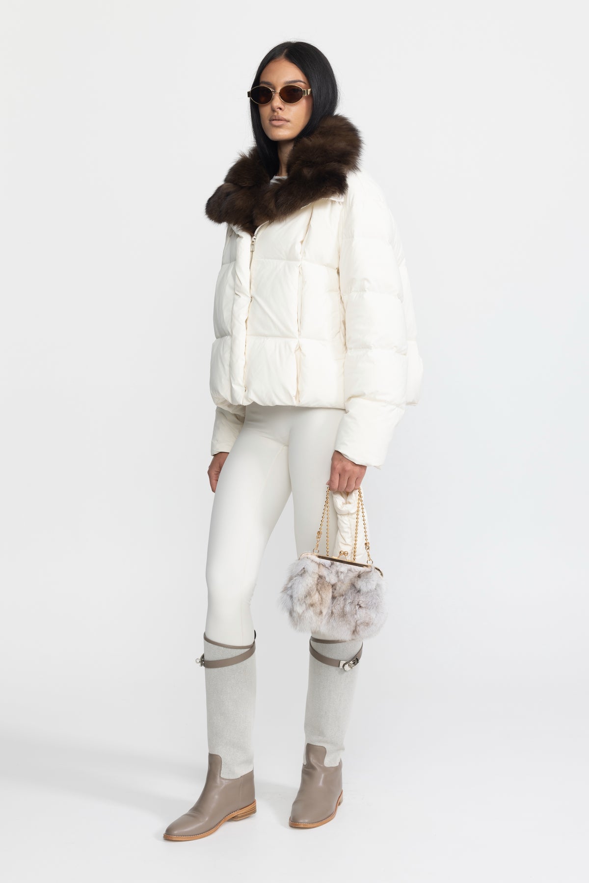 Fox Fur Collar Cropped Down Puffer Jacket - Ivoire