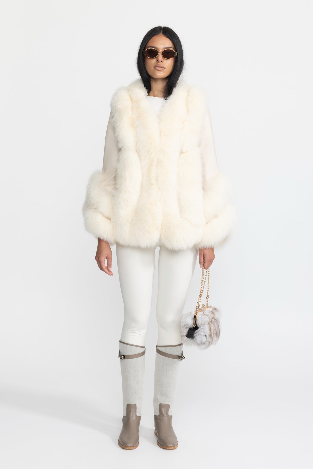 Shearling-Jacke mit Fuchspelzbesatz - Ivoire 