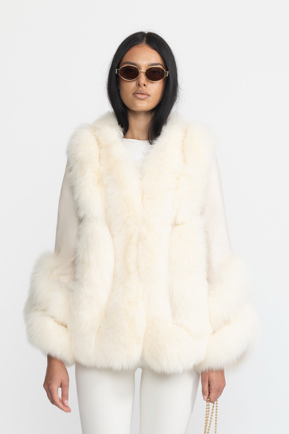 Shearling-Jacke mit Fuchspelzbesatz - Ivoire 