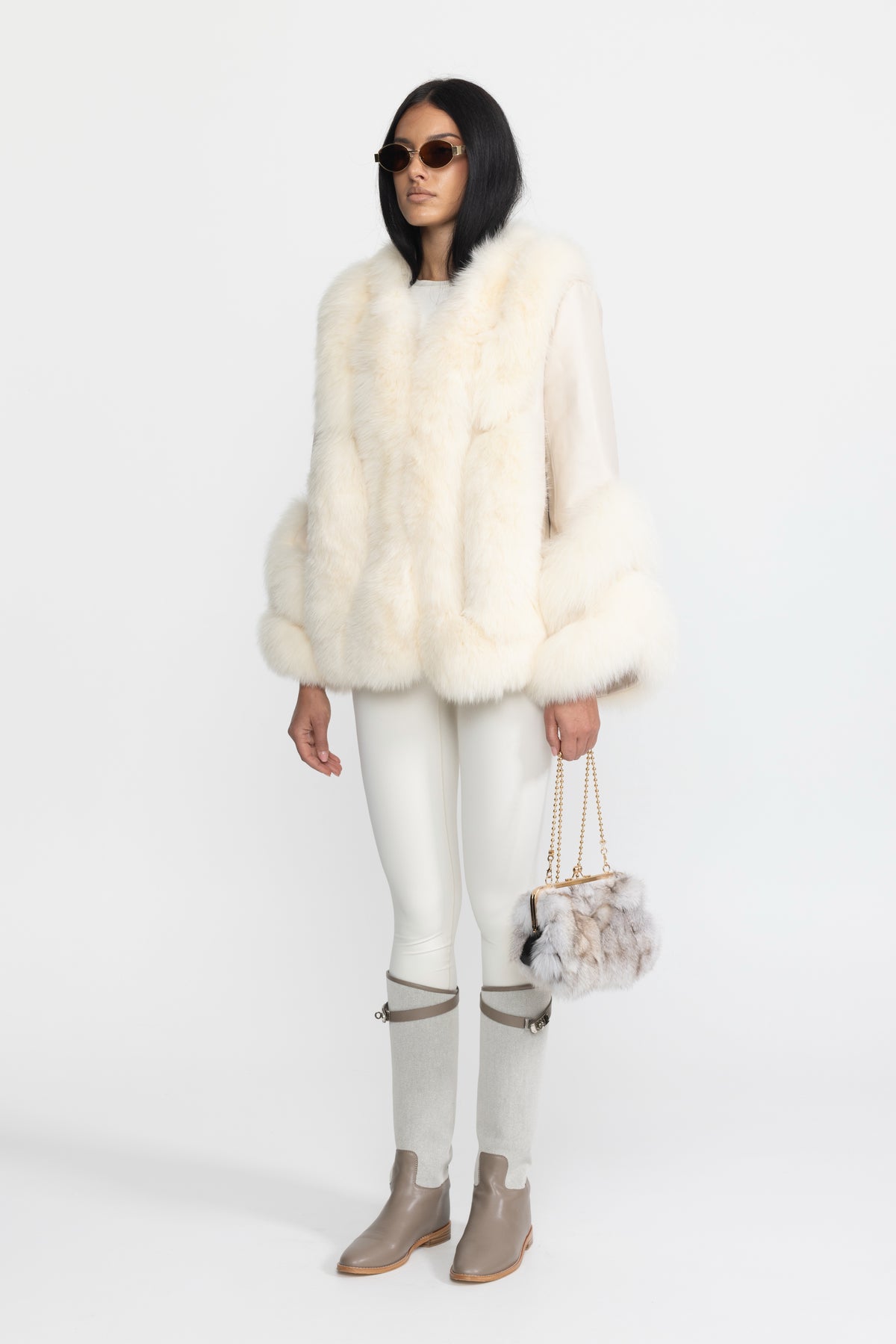 Shearling-Jacke mit Fuchspelzbesatz - Ivoire 