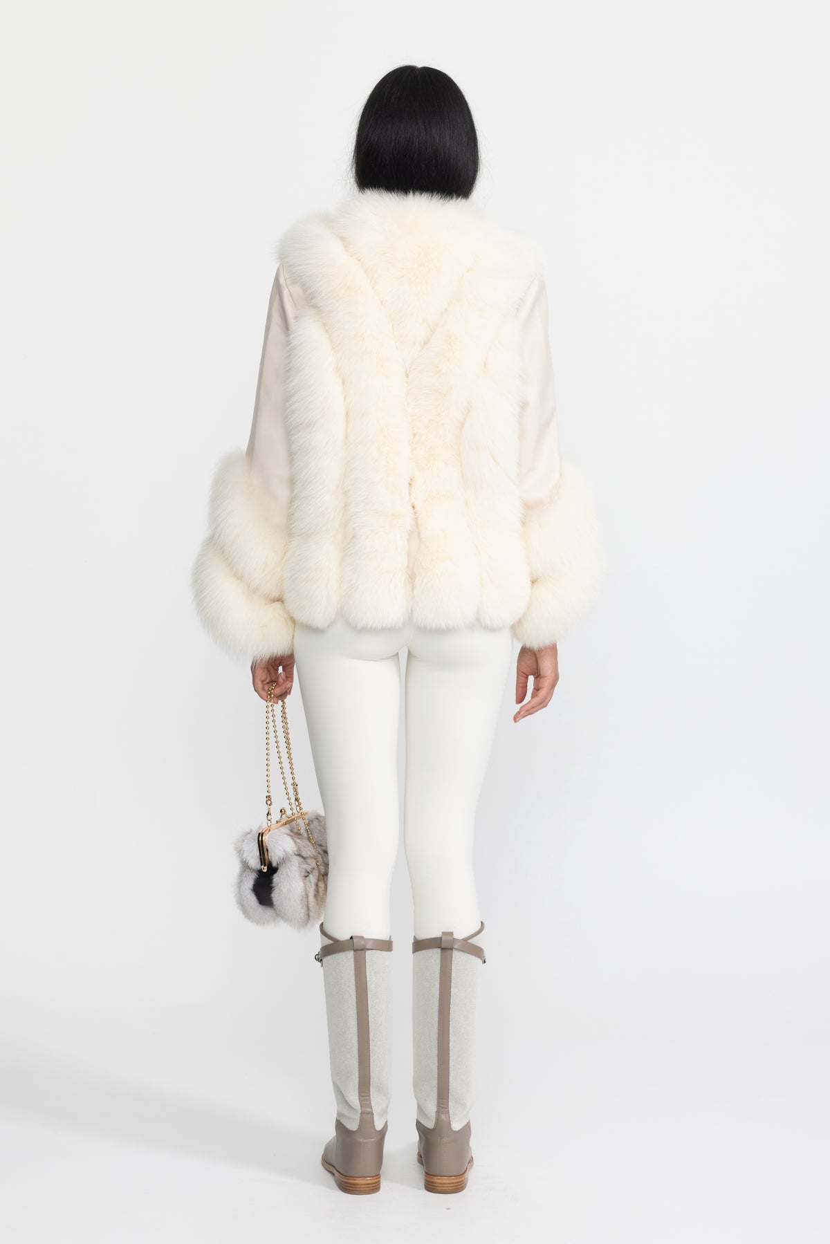 Shearling-Jacke mit Fuchspelzbesatz - Ivoire 
