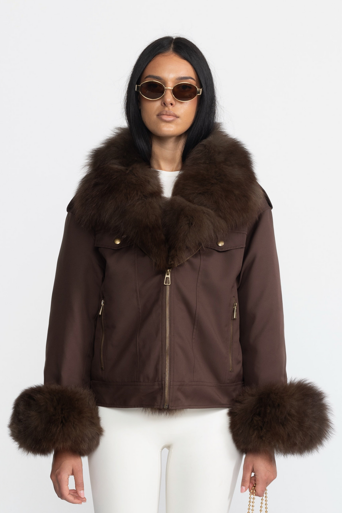 Daunenjacke im Utility-Stil mit Fuchspelzkragen und -manschetten - Chocolate 
