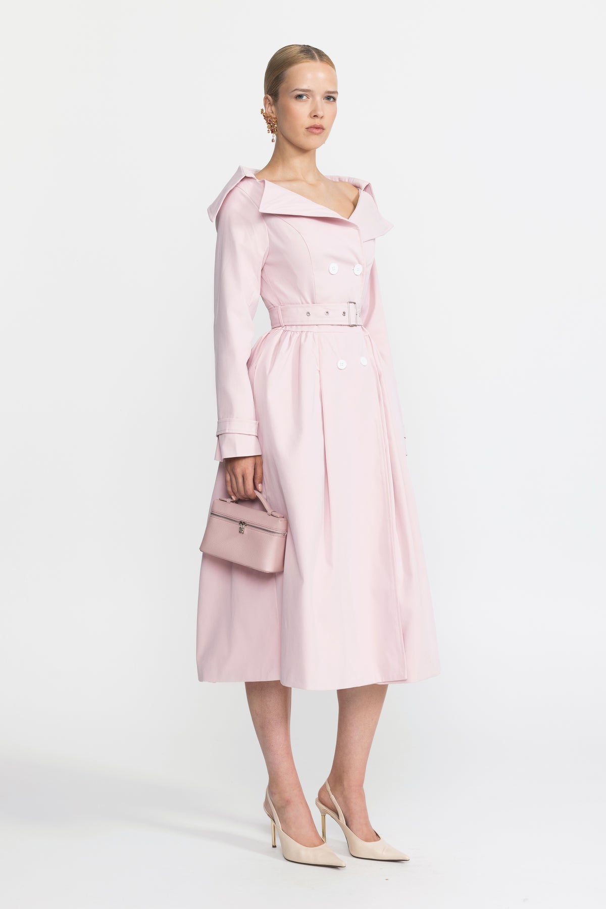 Off-Shoulder Collar Belted Trench Dress - Pink
