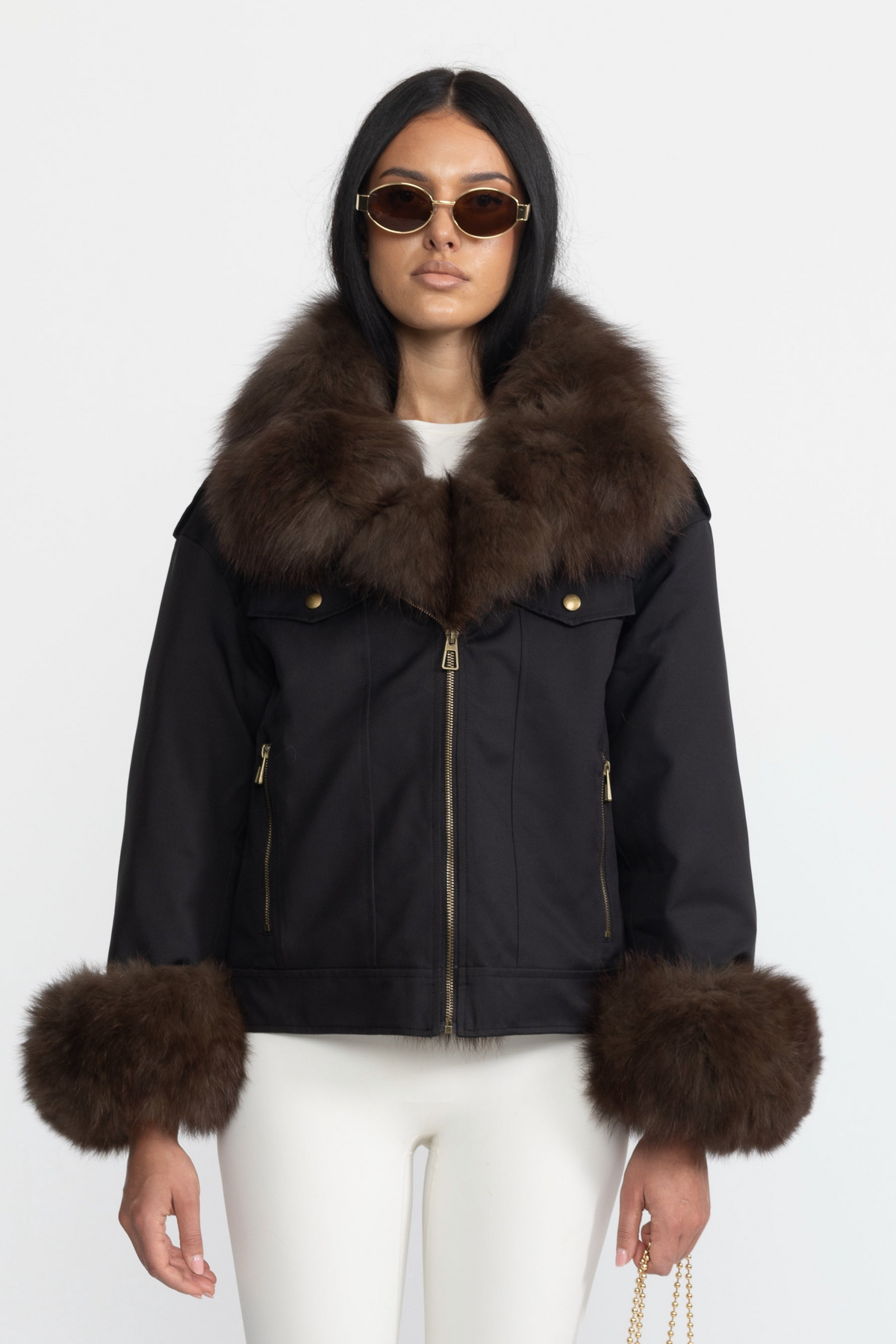 Daunen-Utility-Jacke mit Fuchspelzkragen und -manschetten – Schwarz 