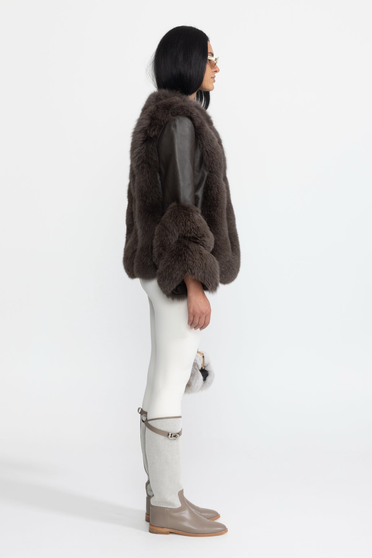 Fox Fur Panel Shearling Jacket - Chocolate